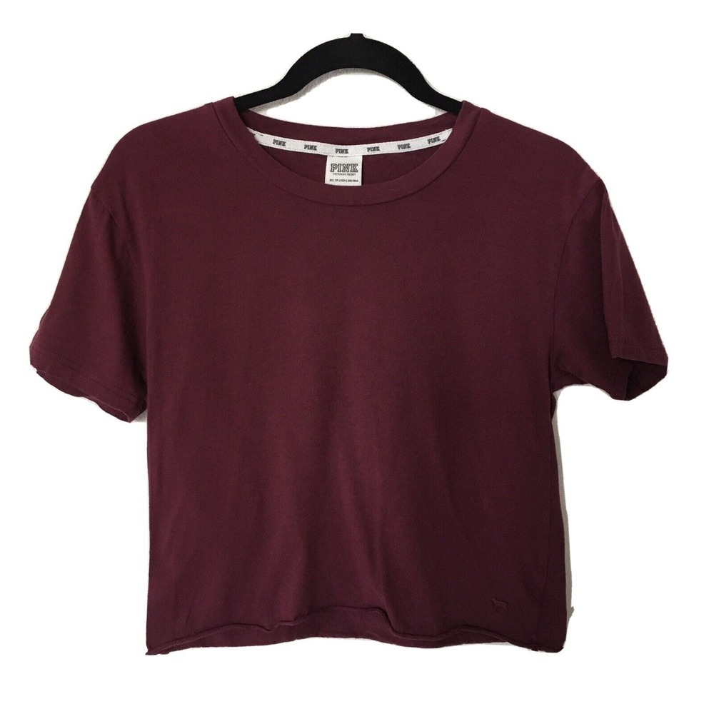Victoria Secre Pink Crop Top Shirt Crew Neck Maroon Burgundy Sz XS